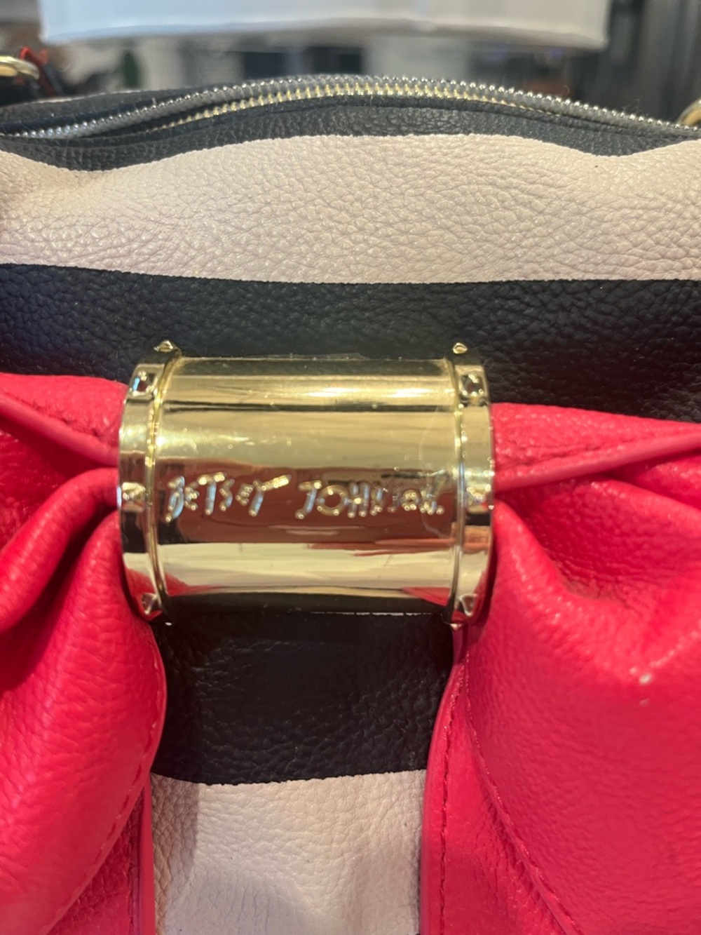 Betsey Johnson Black and Hot Pink Striped Satchel - Picture 12 of 14
